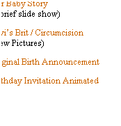 Text Box: Our Baby Story
(a brief slide show)
Levis Brit / Circumcision
(New Pictures)
Original Birth Announcement 
Birthday Invitation Animated 
